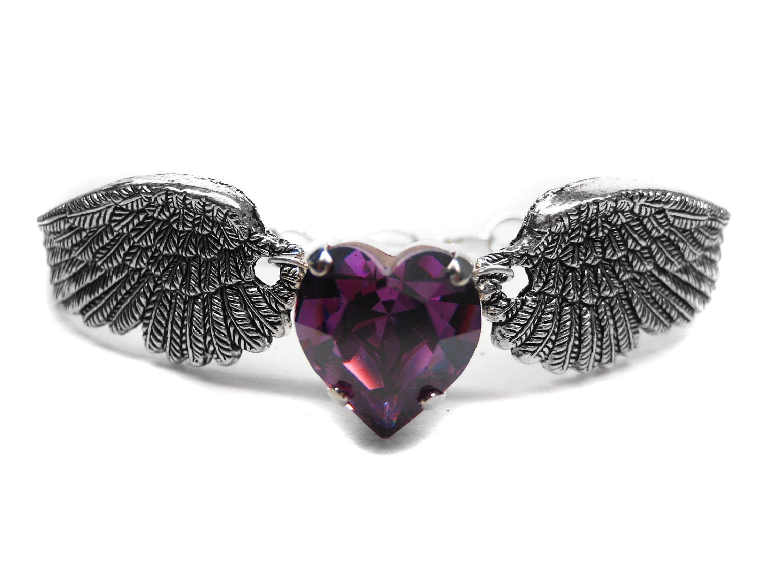 Angel Wing Bracelet. Purple Crystal Heart Bracelet. Silver and Amethyst Wing Bangle Cuff
