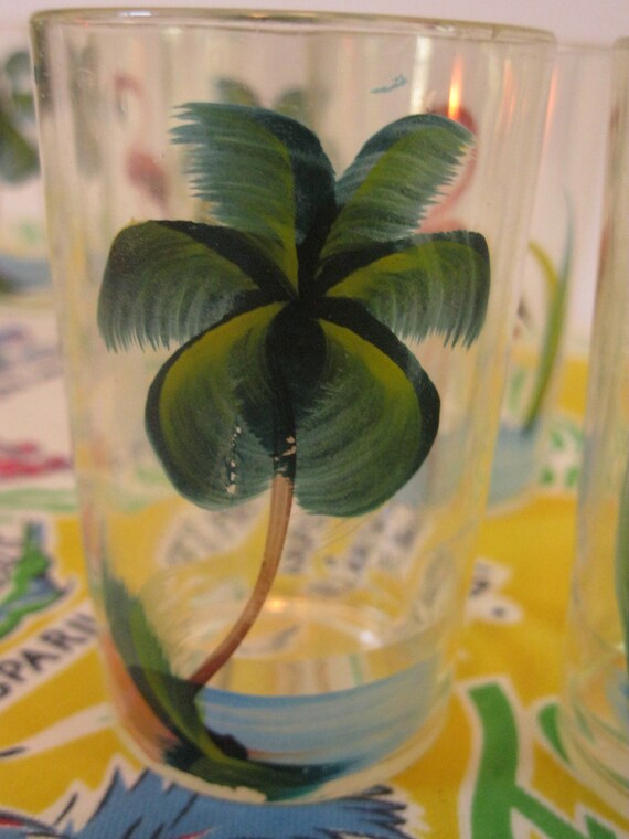 RESERVED FOR MELISSA            Vintage plastic shot  or juice glasses - set of 6 with hand painted flamingos and palm trees