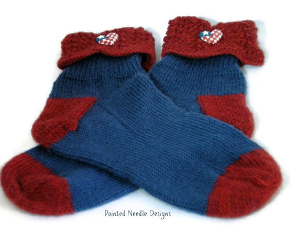 Hand Knit Socks -  Women's Blue and Red Socks with Heart Button
