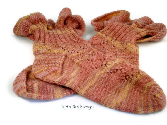 Socks - Hand Knit Women's Variegated Peach Ruffle Cuff Sock