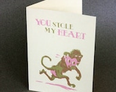 I love you card / Valentine's day card - "You stole my heart" Thief monkey - Screen printed