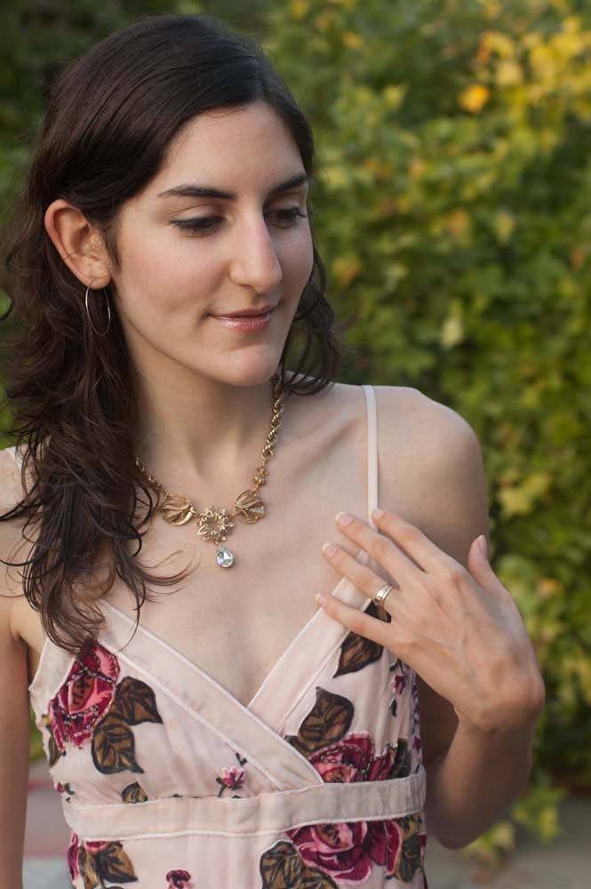 Bridal Necklace - Gold Chain with Crystal Drop - Romantic Estate Style - Antique Look - Rhinestone and Golden Filigree