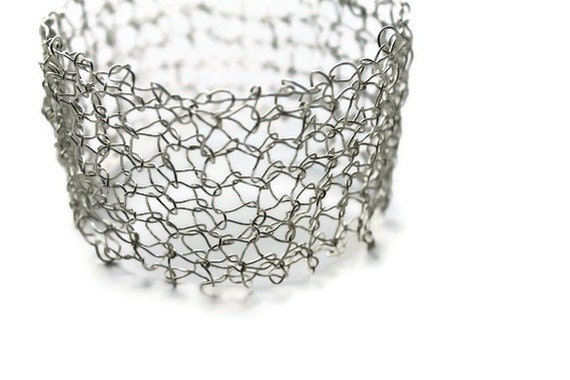 Silver knit Jewelry, Knitted Bracelet cuff