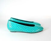 Vtg 80s neon mint cut out leather wedge flats womens 7.5-8