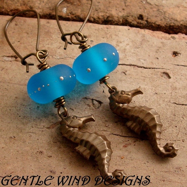 SEAHORSE SHORE - Handmade Lampwork Beads, Antiqued Brass Vintaj Seahorses
