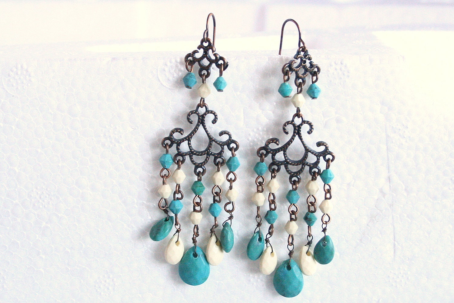 Vintage 80s Turquoise Chandelier Dangle Pierced Earrings Copper Filigree Turquoise Cream