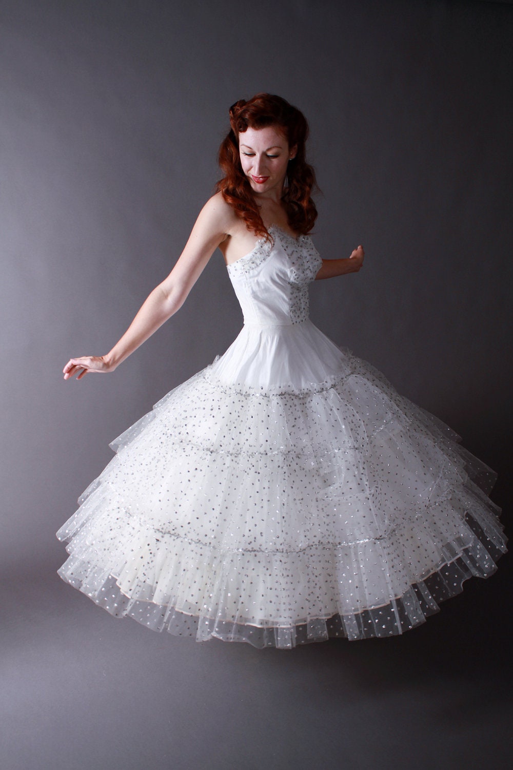 Vintage 1950s Party Dress - White Strapless Cupcake Princess Wedding Dress with Silver Sparkle