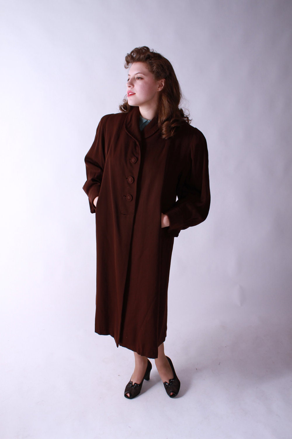 Vintage 1940s Coat - Classic Brown Gabardine Swing Coat Extra Large