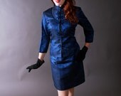 Vintage 1960s Dress - Blue and Black Brocade Cheongsam Inspired Wiggle Dress with Jacket