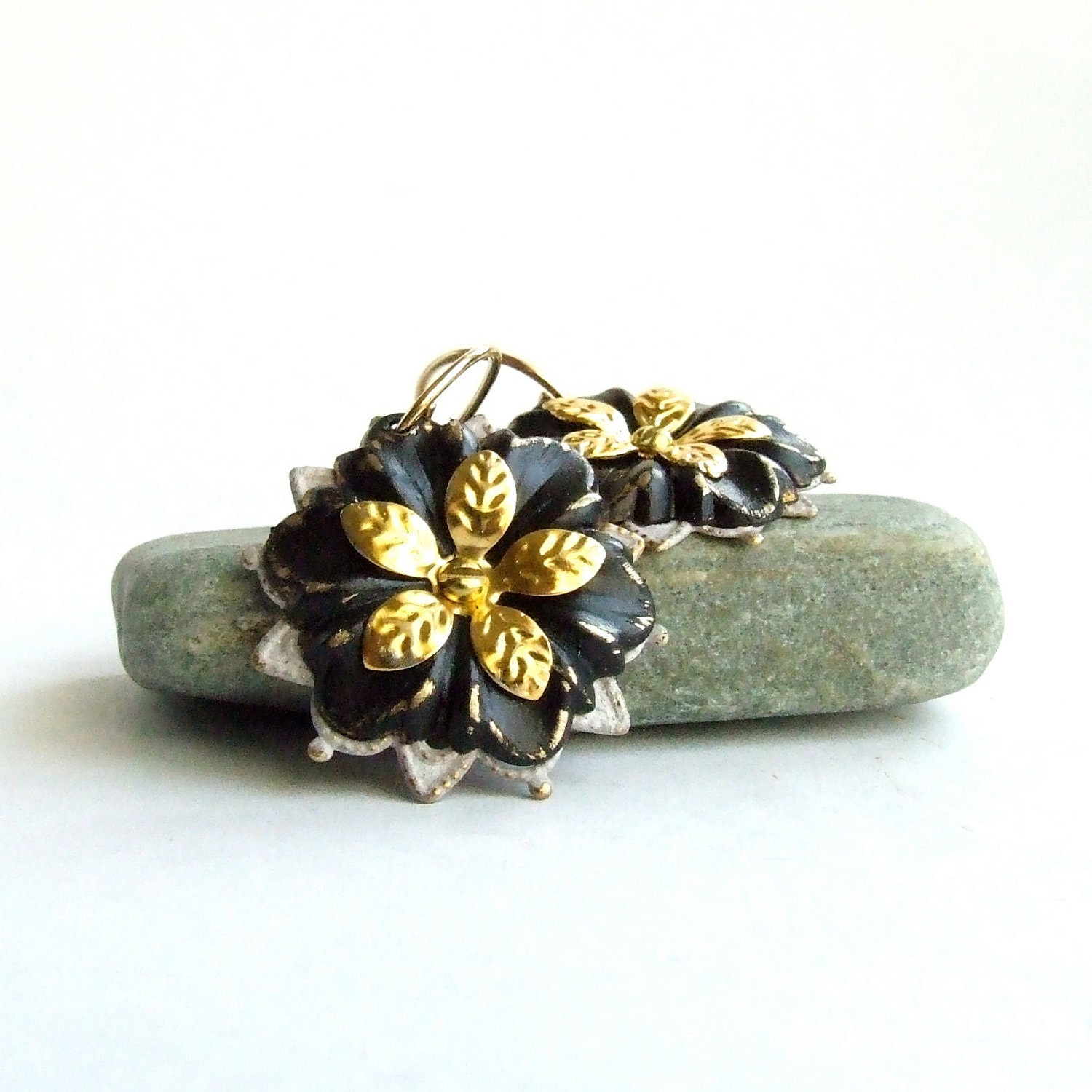 Black White Gold Brass Flowers -Patina Earrings -Riveted Earrings Flower Earrings Jewellery