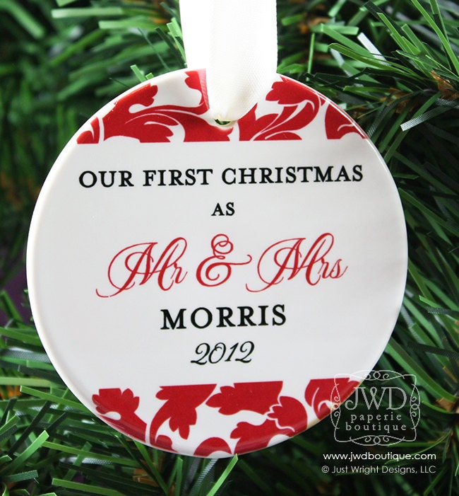 Our First Christmas Mr and Mrs Ornament Personalized Wedding Holiday Ornament- Valencia Pattern Custom Color