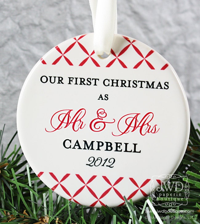 Personalized Wedding Ornament Mr and Mrs Ornament Our First Christmas Personalized Wedding Gift  - Trellis Pattern