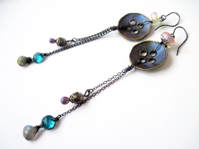 Drop of Dew. Iridescent button labradorite lampwork cosmic assemblage earrings.