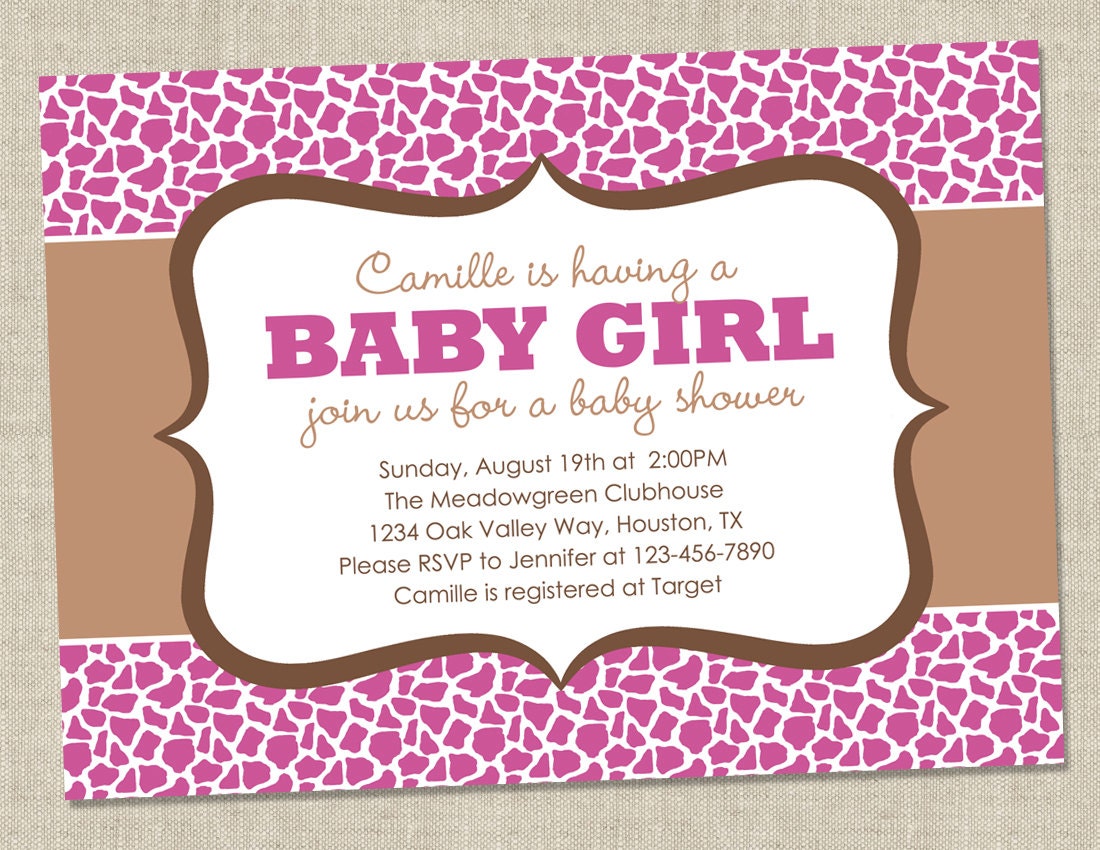 Leopard  or Giraffe Baby Shower Invitation - pink animal pattern - baby girl shower invite (Printable Digital File OR Printed Cards)