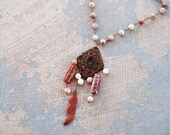 Tribal Talisman Necklace - Agate and Carnelian Feather - Antique Hardware Collection