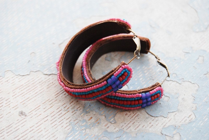 Ethnic Beaded Earrings - Like a Maasai Beaded Leather Hoop Earrings