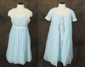 vintage 60s Night Gown and Bed Jacket - Baby Blue Babydoll Peignoir Lingerie Set Sz XS