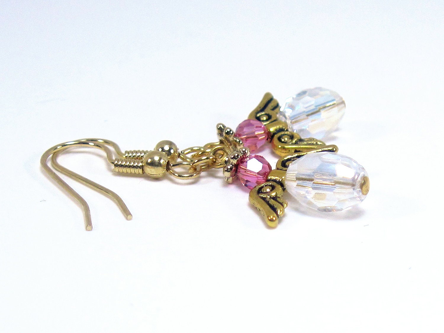 October Birthstone Earrings - "October's Angel " Earrings with Rose Pink Crystals (Gold)