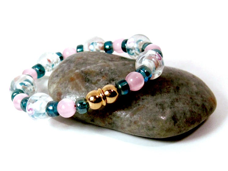 Teal and Pink Bracelet - "Rebecca" Lampwork Glass Beaded Bracelet w Magnetic Clasp