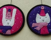 Set of Two Lulu the Bunny and Princess the Cat Wool Blend Felt Handmade Ornaments