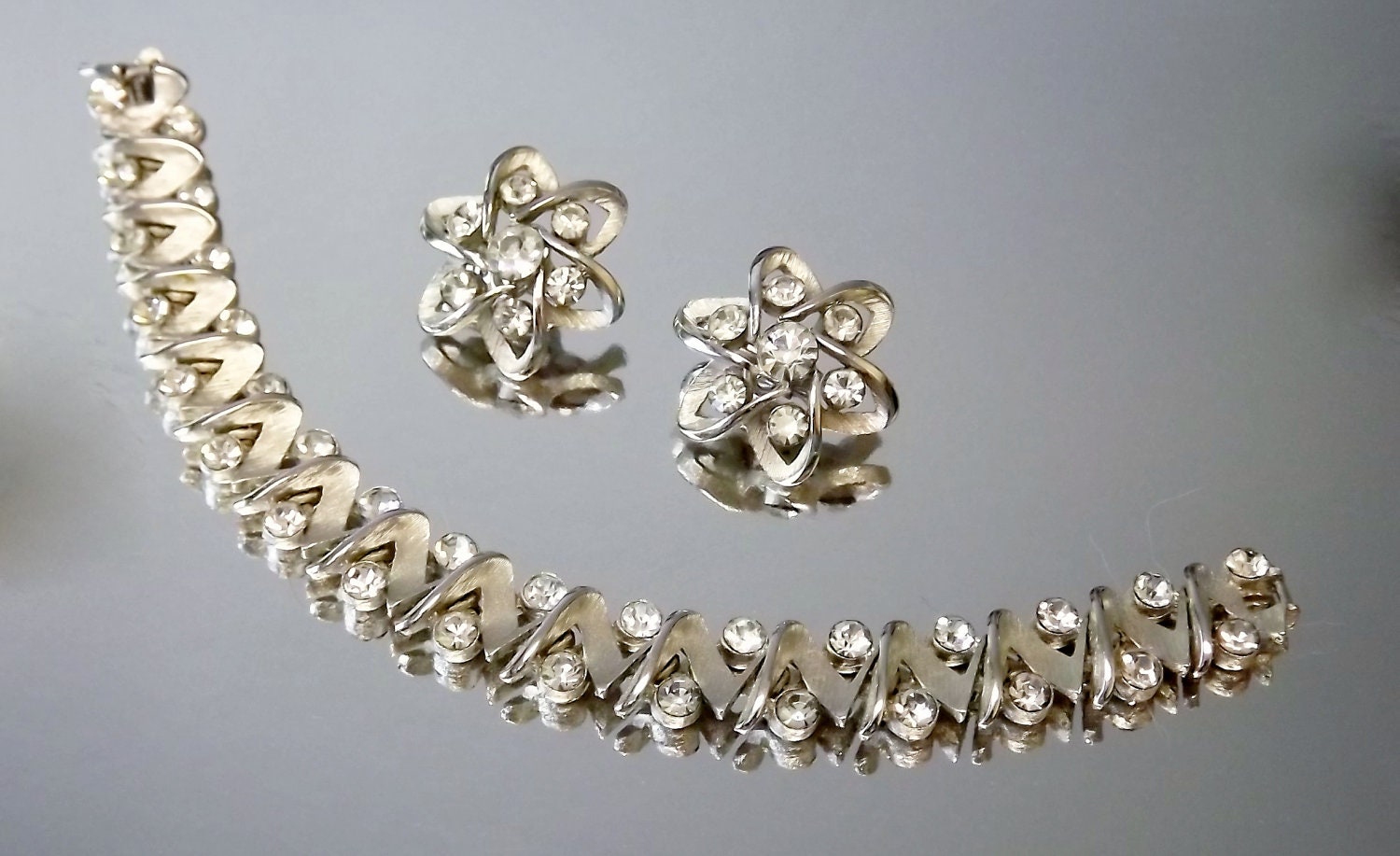 Trifari Bracelet Earrings Rhinestone Silver 1950s Vintage Jewelry