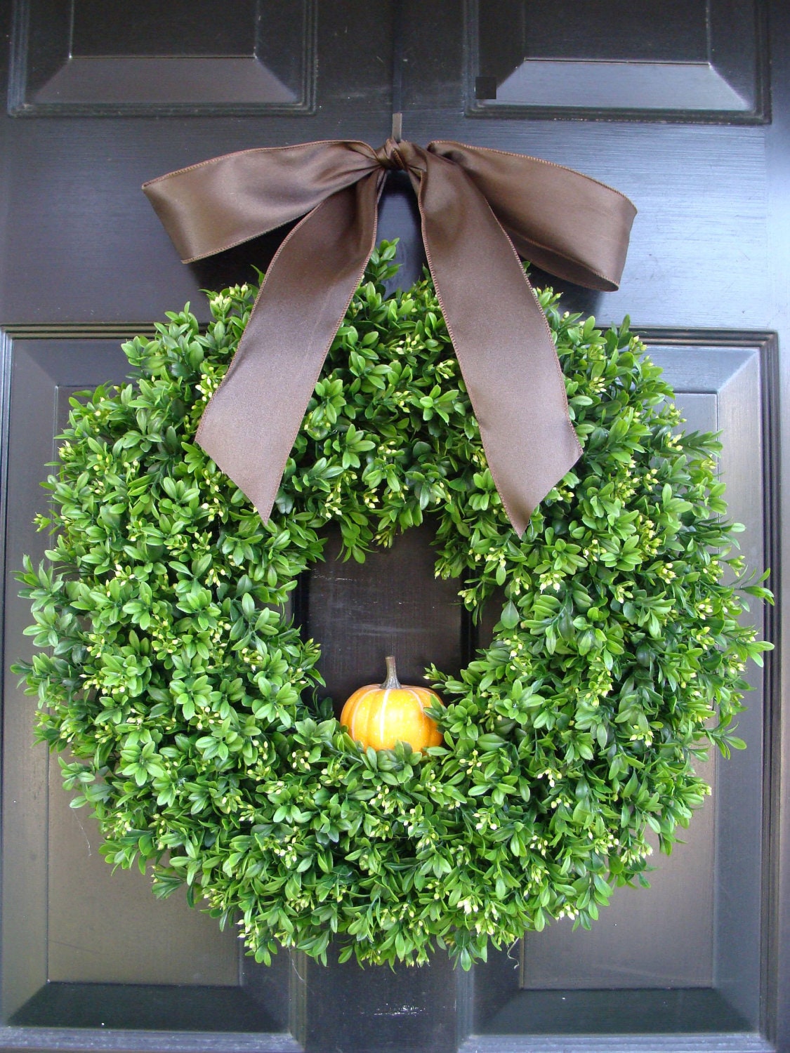 Harvest Boxwood Fall Wreath with Pumpkin and Burlap Bow, Thanksgiving Fall Wreaths, Wreath for Fall