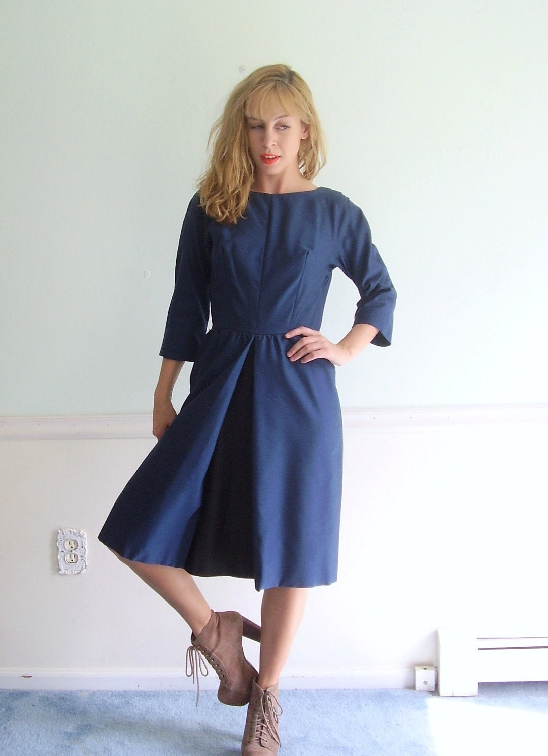 5th Avenue Vintage 50s Half Sleeve Fitted Navy Blue Knee Length Dress SMALL S