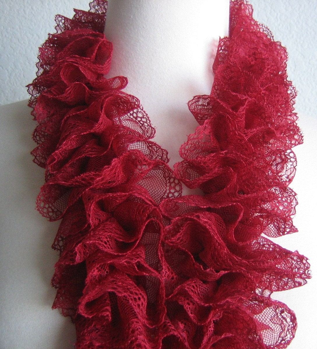 Dantelle Belle, Burgundy,ruffled, hand knitted scarf, long, fancy, for her, new