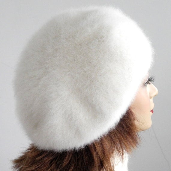 Angora Knit Beret- White Wool Hat- Fur Hat- Women- Fall Fashion- Winter Accessories