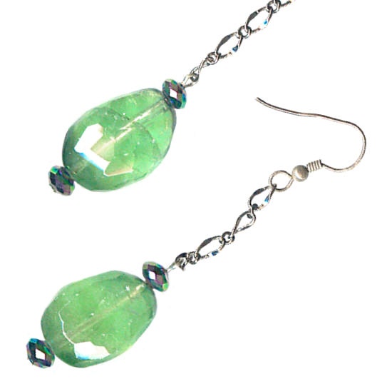 Large chunky emerald green glass gunmetal chain earrings