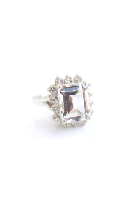 White Topaz Ring Emerald Cluster Sterling Silver April birthstone