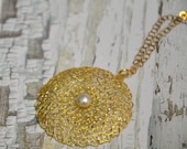 Wedding Jewelry, Bridal Necklace, Goldfilled Necklace with Romantic Lacy Pendant and Pearl