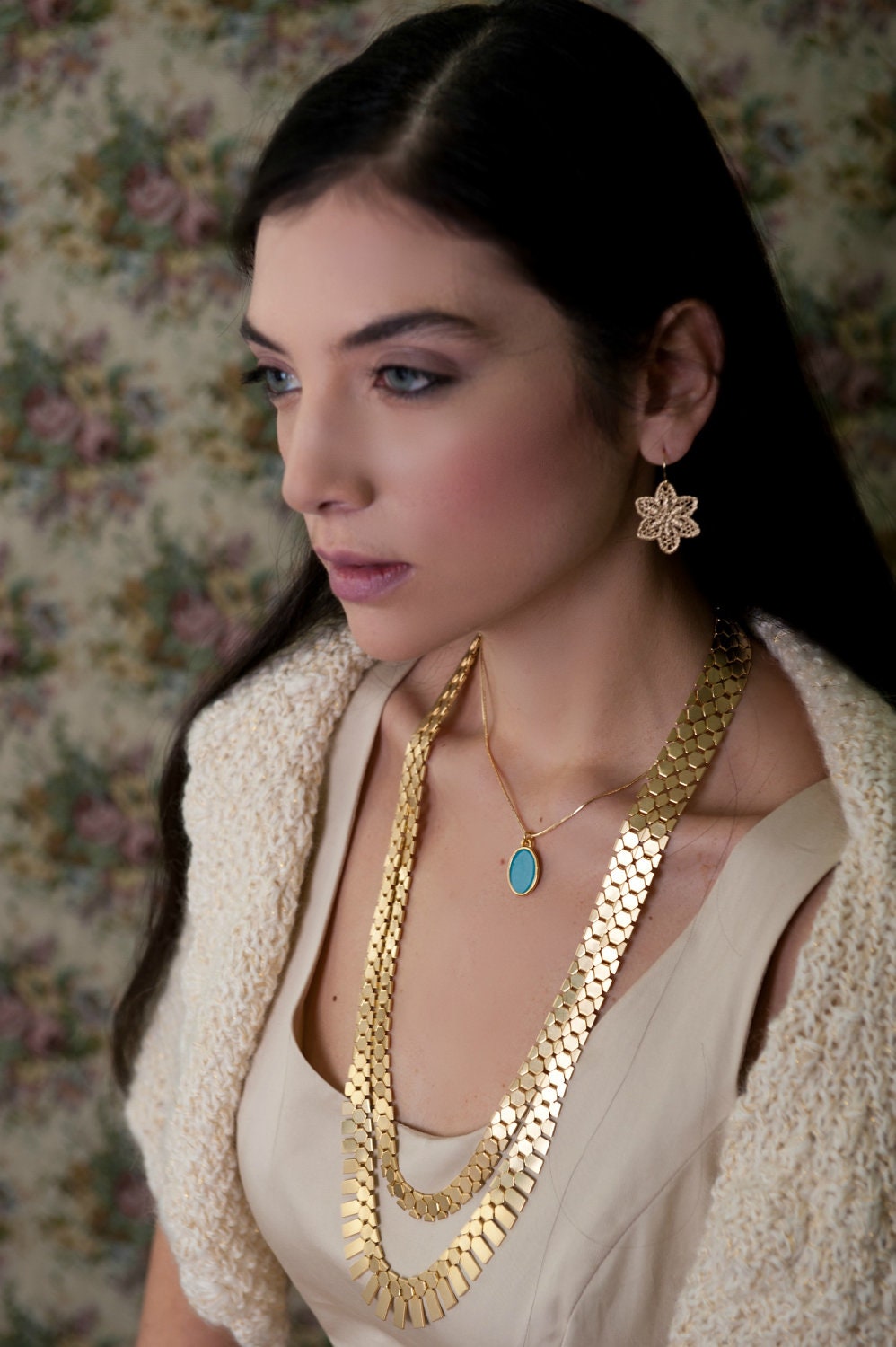 24k Gold Plated Vintage Style Double Necklace, Statement Necklace, Statement Jewelry, Long Necklace Set, Golden Shabby Chic