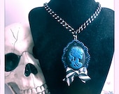 Blue and Black Lady Death Cameo Necklace with Striped Bow and Blue Swarovski Rhinestones