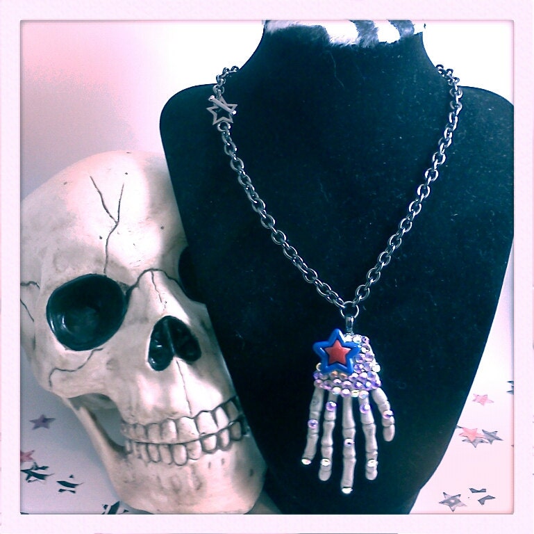 Swarovski Rhinestone Encrusted Skeleton Hand Necklace with Star Detail