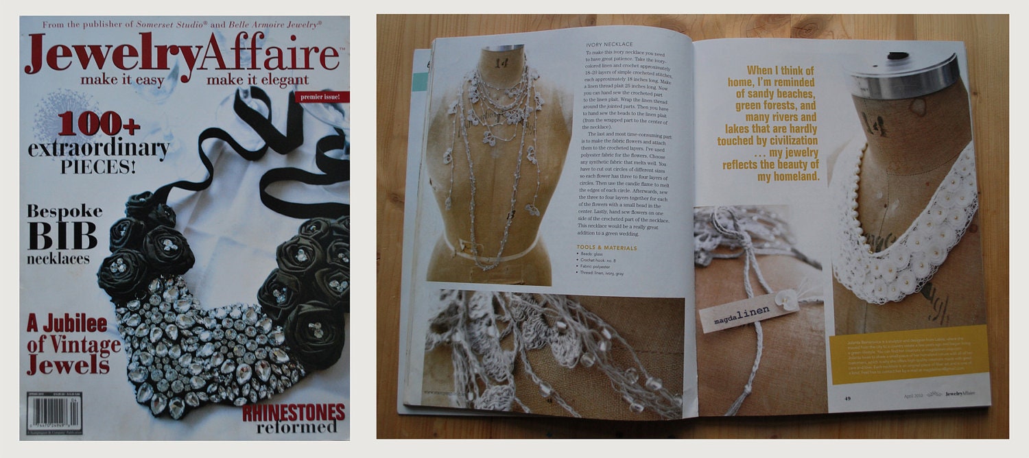 FEATURED on JeWELRY AFFAIRE MaGAZINE . Linen Lariats -Necklaces .Set of 2