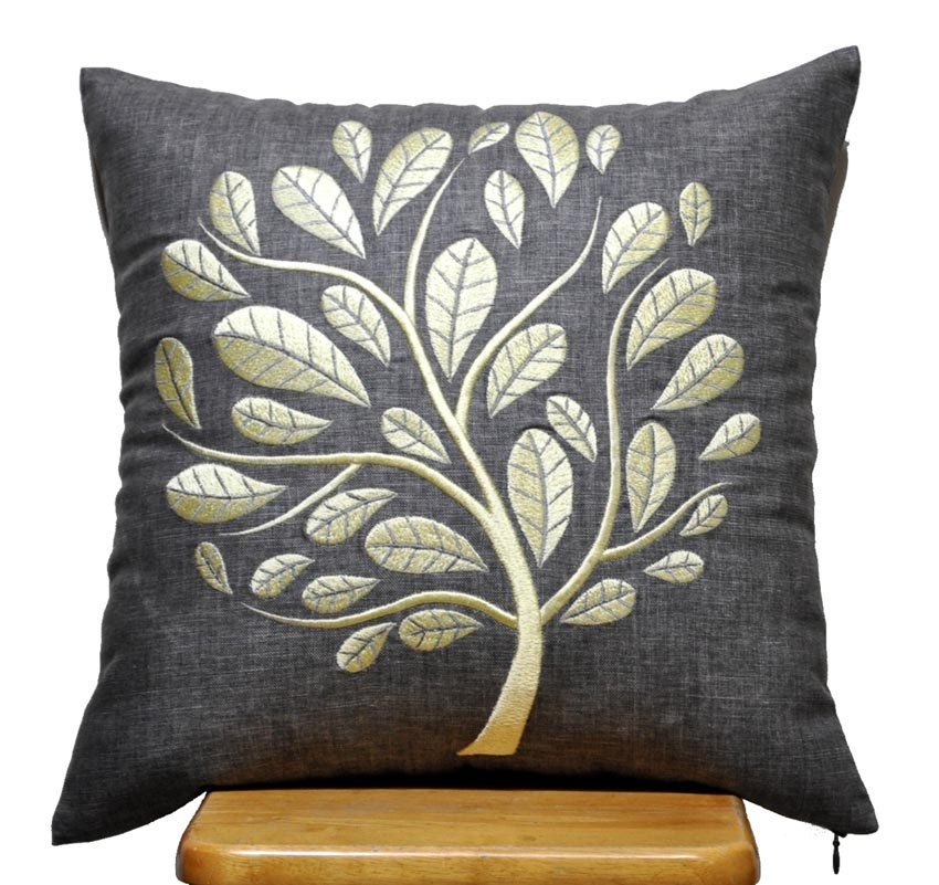 Yellow Grey Pillow Cover, Light Yellow Peacock on Grey Linen PIllow Cover, Decorative Throw Pillow Cover, Pillow Case 18 x18, Grey Cushion