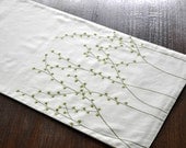Pussy Willow Table Runner 14"x 64", Green Pussy Willow Embroidery on Cream Table Runner, Embroidered Table Linen, Long Table Runner,Tabletop