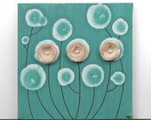 Small Flower Painting - Square Canvas Art - Khaki and Teal Home Decor - 10X10 Original Artwork
