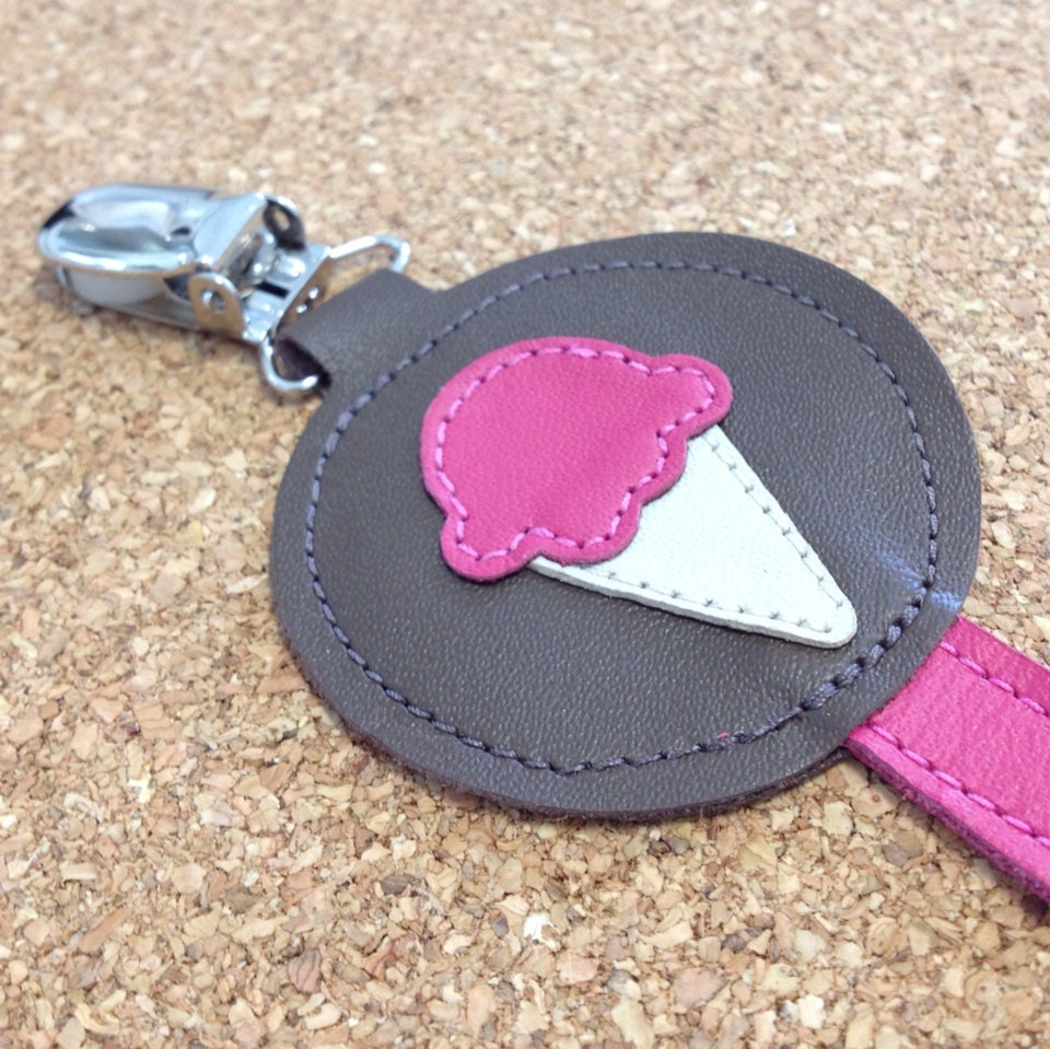 Leather Soother / Pacifier Holder Clip with Leash and Snap, Fuchia Ice Cream Cone Design on Chocolate Brown with Fuchsia Strap