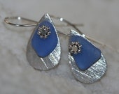 Cornflower blue genuine sea glass diamond cut  teardrop earrings sterling silver hooks