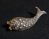 Vintage Marcasite FISH Gold and Black Brooch Pin- Made in Germany