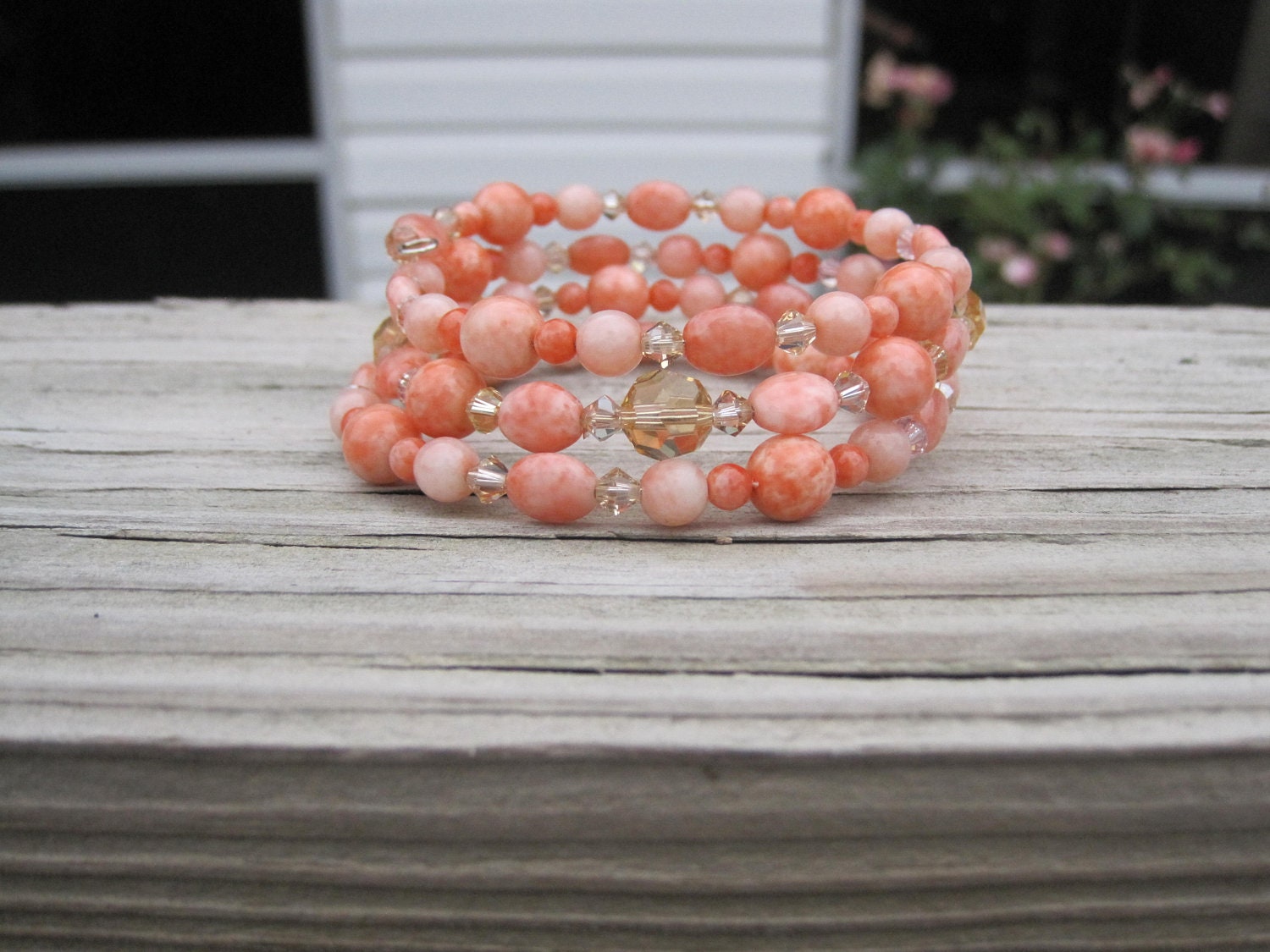 Peach Bracelet. Chunky Beaded Peach Bracelet. Memory Wire Wrap.