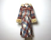 SALE vintage wool plaid 70s long winter coat // faux fur