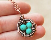 Bird Nest Necklace, Oxidized Copper, Howlite Turquoise, Wire Jewelry