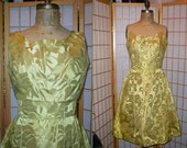 Vintage 50s gold brocade mad men cocktail dress w/ crop top womens size small / medium