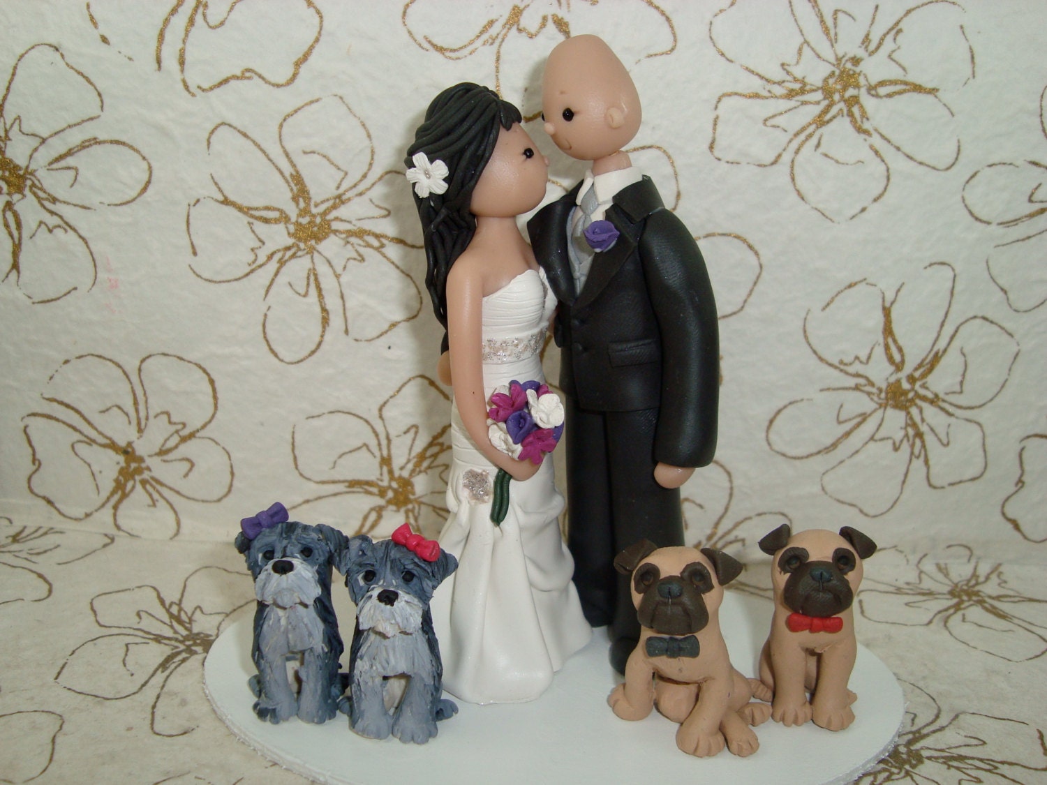 Custom Bride & Groom with Pets Wedding Cake Topper