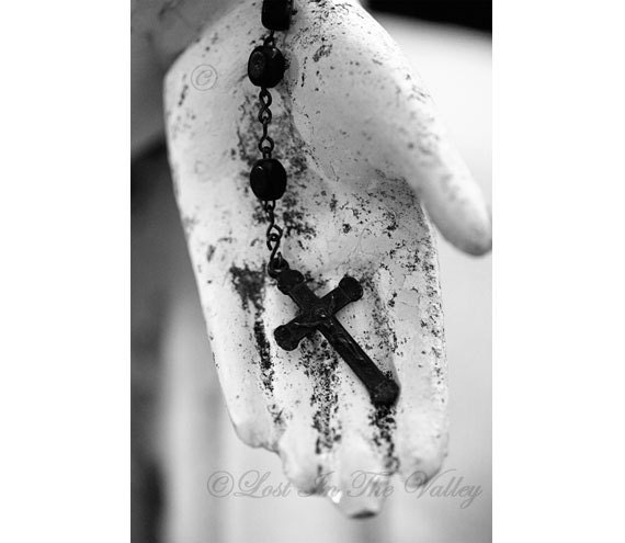 Black and White Photograph, Catholic Photo, Statue Hand, Rosary, Cross, Inspirational, Wall Decor, Grey Tones, 5x7 Fine Art Photography