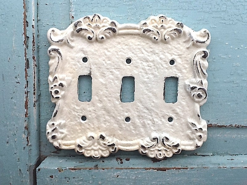 Triple Light Switch Cover, Metal Wall Decor, Heirloom Creamy White, Cast Iron Lighting Outlet Cover, STYLE 109