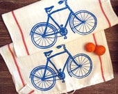 Towel Set of 2 - Vintage BIKE Towels Turquoise & Red Stripe Renewable Natural Cotton